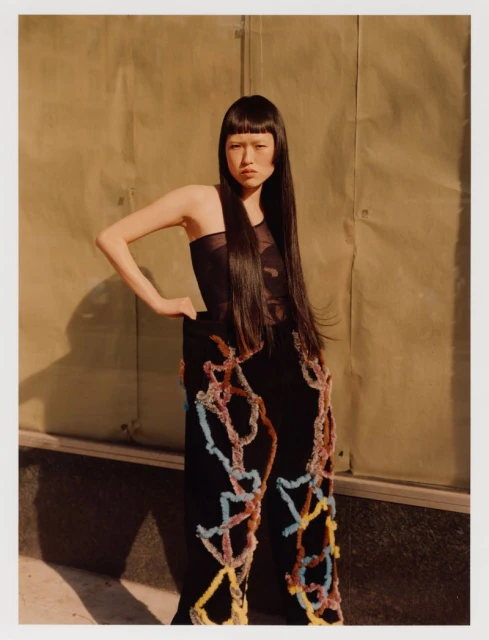 An Asian woman with long black hair poses outdoors wearing a sheer black top and black trousers with colorful textured accents.