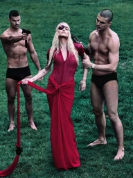 Gabbriette wearing a red gown and eye patch standing between two shirtless men on green grass for 032c by Steven Klein.