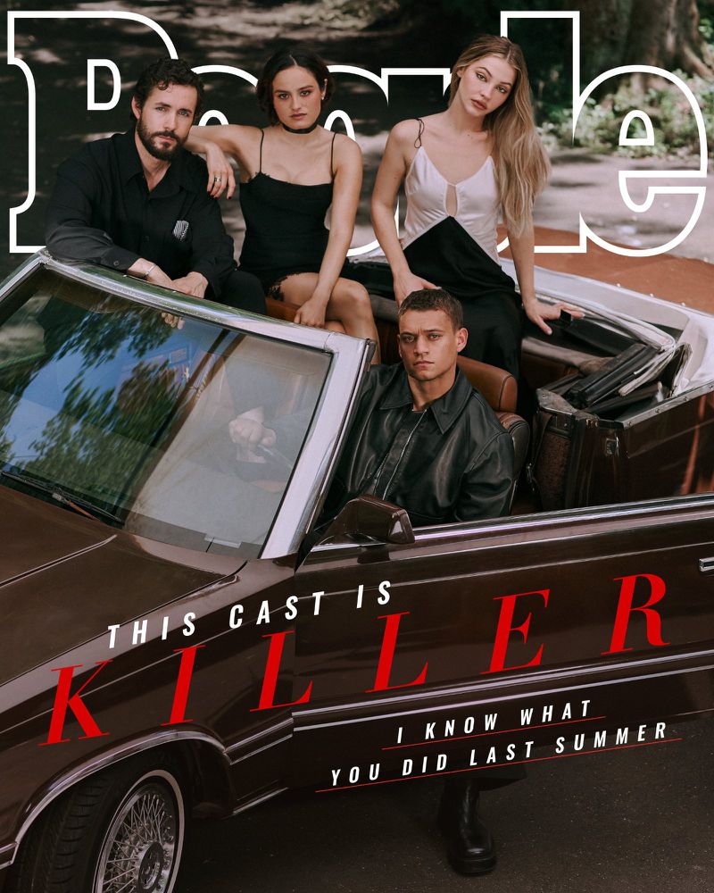 People Magazine cover featuring four young adult cast members seated on a vintage brown convertible, outdoor wooded setting, warm color grading.