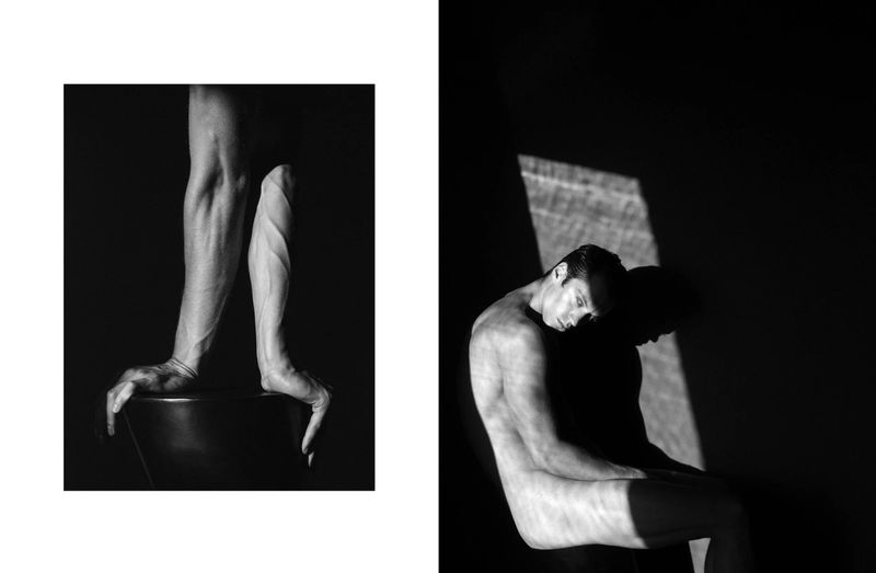 Black-and-white artistic composition features a shirtless man in sunlight, contrasting with an image of arms and hands resting on a dark stool.