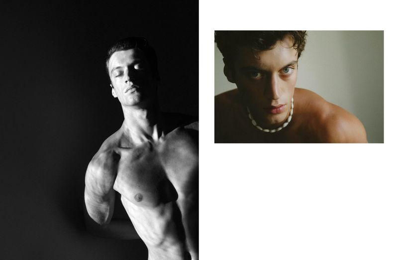 Split screen of a shirtless male model posing in black and white against a dark background and color portrait against light wall.