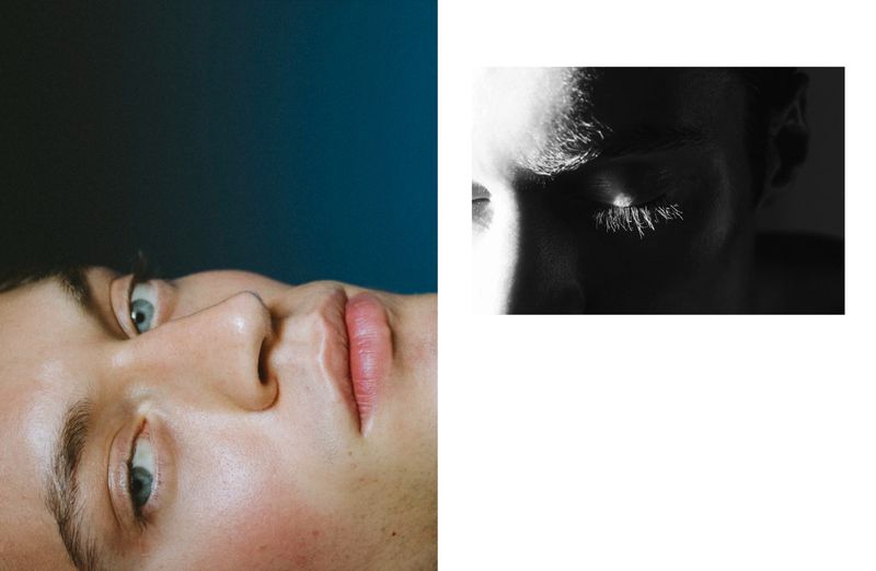 Two portrait close-ups of a blue-eyed young adult male showing pale skin, with one version in black and white against a white backdrop.