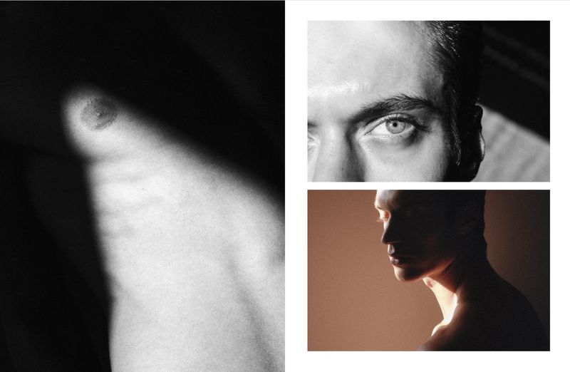 A collage featuring a close-up of a man's eye, a profile shot of a man with light-shadow play, and a chest detail in black and white.