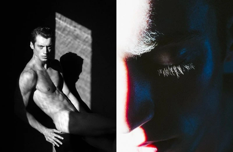 Striking diptych featuring a male figure in monochrome against a geometric shadow and a close-up of a face bathed in blue and red light.