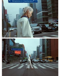Model with white hair wearing a white jacket walking on a city street crosswalk for MMScene Seoul project
