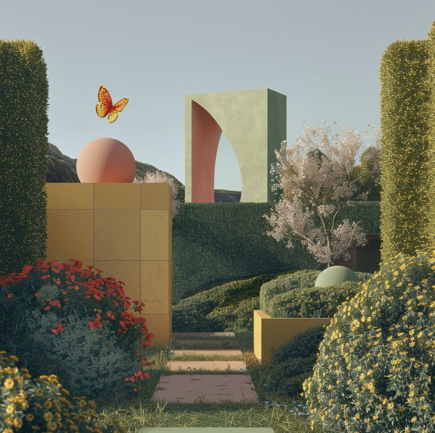 Surreal garden scene featuring geometric architecture, lush greenery, and a vibrant butterfly, rendered with soft, pastel colors and clear sky.
