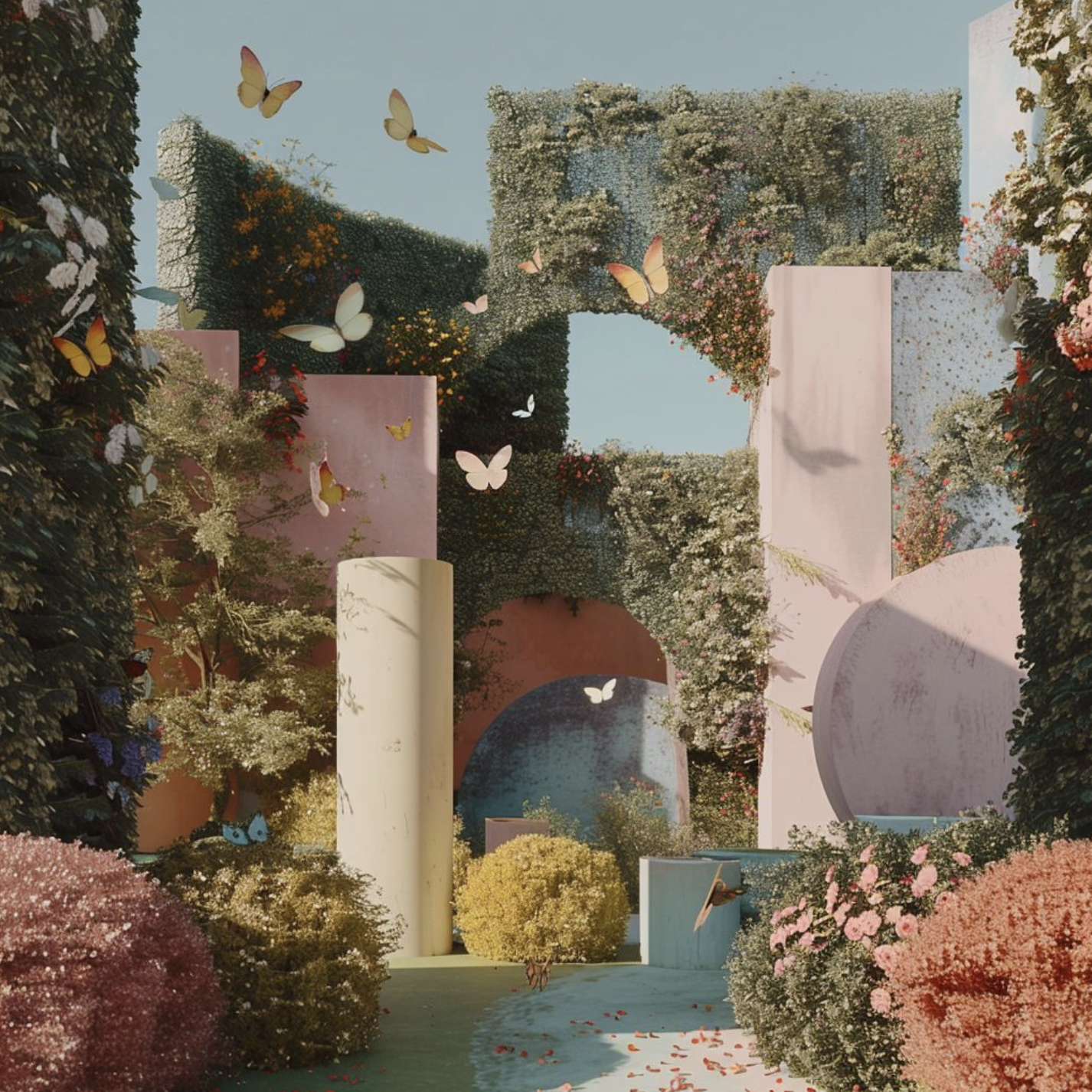 Butterflies flutter through a surreal garden with geometric structures covered in lush greenery and pastel-colored architectural elements.