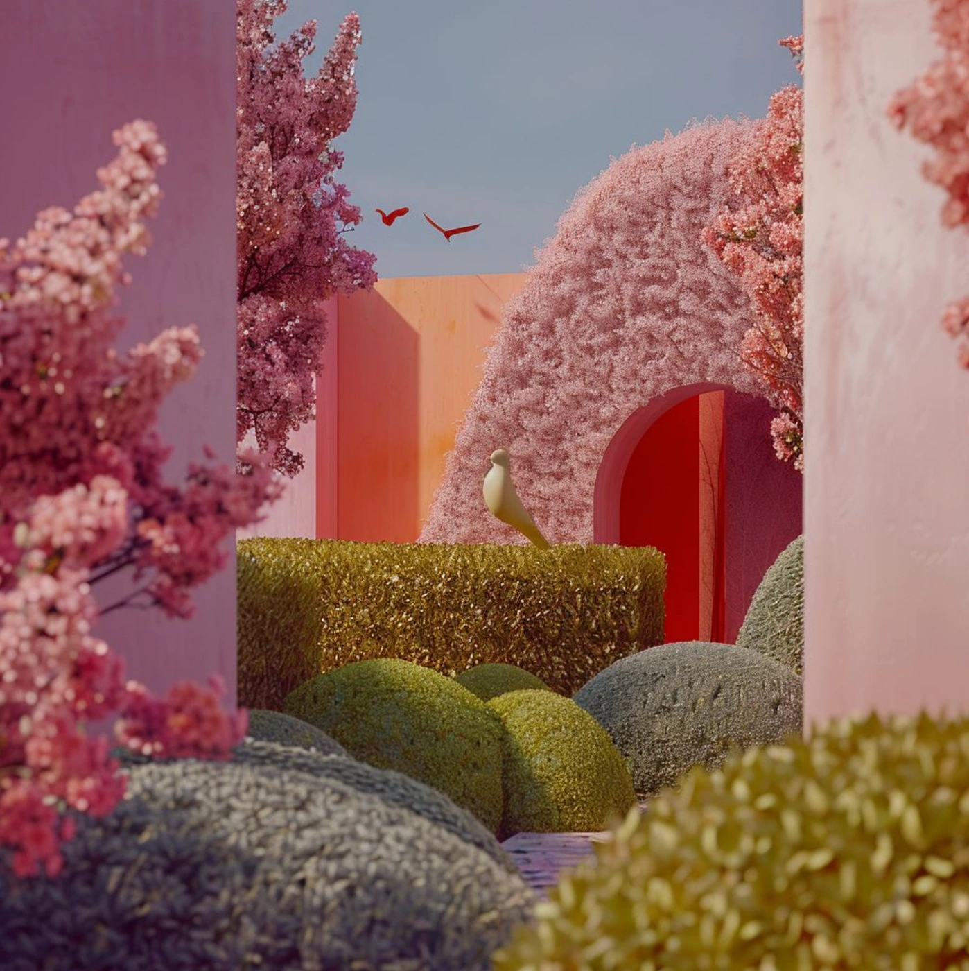 Surreal pink landscape featuring blooming cherry trees, sculpted hedges, an arched pink wall, and flying birds against a clear sky.