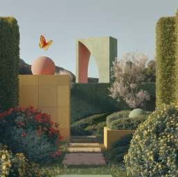 Surreal garden landscape featuring geometric architectural structures, orange sphere, and a floating butterfly