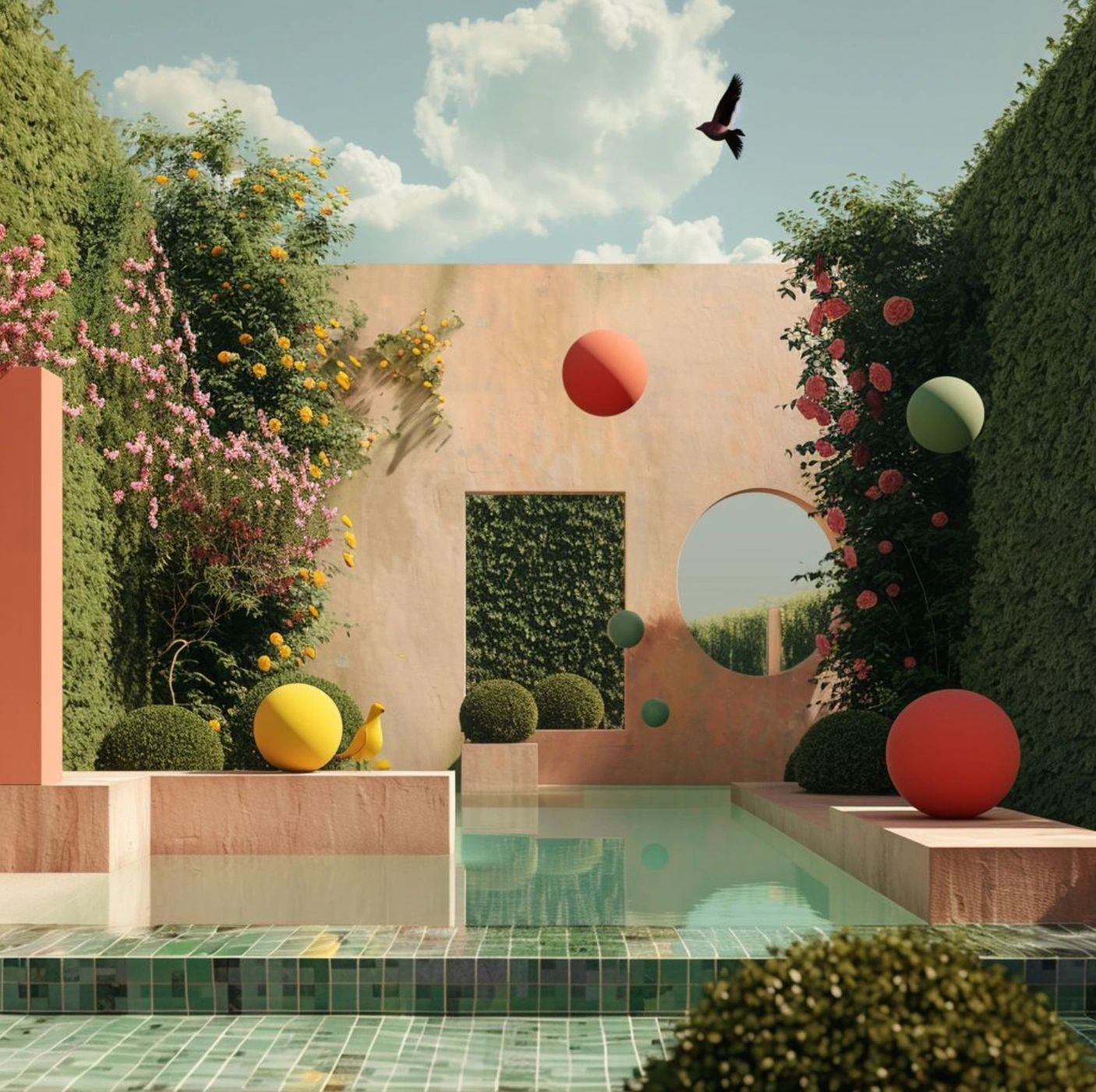 Surreal courtyard with a reflecting pool, pink walls, climbing roses, and floating colored spheres under a partly cloudy sky.
