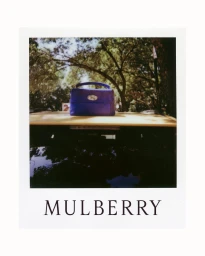 Polaroid photograph of a blue handbag resting on a yellow car roof with trees above, and Mulberry text below.