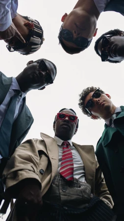 Group of stylish adult men looking down at the camera, wearing formal attire, ties, sunglasses, and trench coats against white sky.