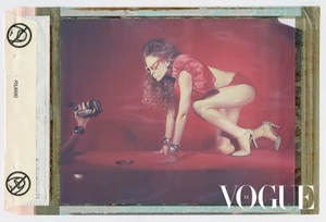 Model Arina Maksimova posing in red clothing on a red surface with a hand holding a video camera for Vogue Czechoslovakia