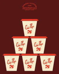A pyramid stack of six branded coffee cups against a solid dark red background by Carolanebel Studio