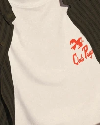 White t-shirt featuring a red bird graphic and Club Pays text, framed by an open dark striped shirt.