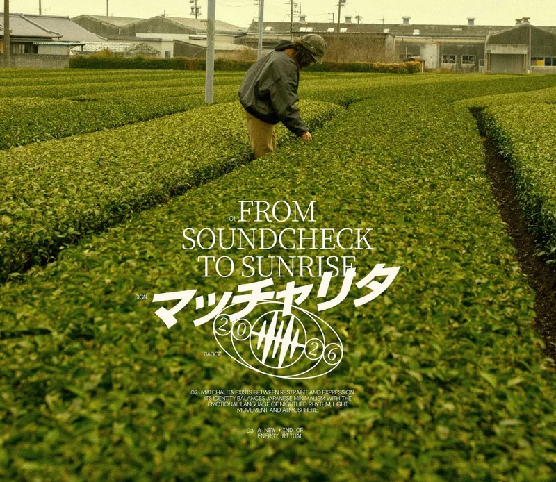 Person wearing a dark jacket and cap walking through lush green rows of an agricultural tea field.