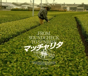Person wearing a dark jacket and cap walking through lush green rows of an agricultural tea field.