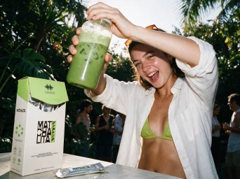 Smiling woman holding up a glass bottle of green iced matcha next to a branded box outdoors.