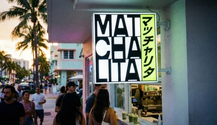 Illuminated storefront sign reading MATCHA LITA above a busy sidewalk with pedestrians and palm trees in the background.