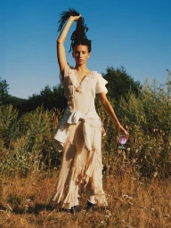 Woman in a ruffled cream dress holding up her dark braided hair outdoors in a grassy field under a clear blue sky