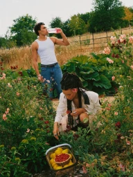 Man drinking from a bottle and woman kneeling in a garden with a basket of lemons and raspberries for the Humantra RL Launch Campaign