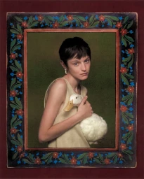 Portrait of Emma Corrin holding a white duck within an ornate painted floral frame for Harper's Bazaar UK.