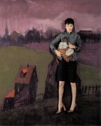 Emma Corrin holding a brown handbag standing against a painted landscape backdrop for Harper's Bazaar UK