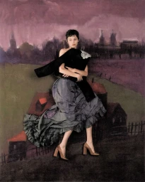 Emma Corrin in a sculptural gown holding a dark garment against a painted landscape backdrop for Harper's Bazaar UK.