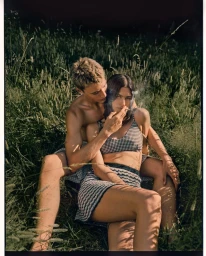 Man and woman sitting in tall grass with woman holding a cigarette for Rakes Progress by Claire Harrison