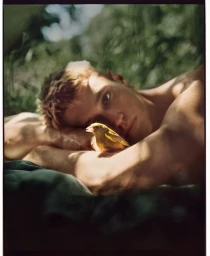 Young man resting his head on his arms outdoors with a small yellow bird perched gently on his forearm.