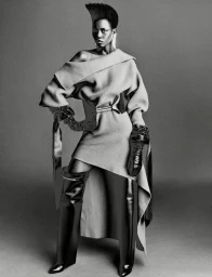 Model Ajah Angau Jok in architectural draped dress with tall leather boots for French Magazine editorial