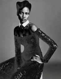 Model Ajah Angau Jok wearing a black lace off-shoulder dress and white collar against grey studio backdrop.