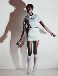 Model Ajah Angau Jok wearing a light blue structured dress and knee-high white socks against a plain white studio backdrop.