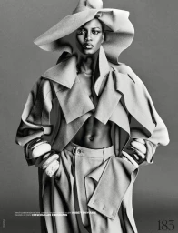 Model Ajah Angau Jok wearing a wide-brimmed hat, structured coat, and bangles in a black and white editorial shoot by Mikael Schulz.