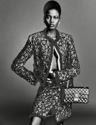 Black and white studio portrait of a model wearing a textured tweed jacket and skirt holding a quilted chain handbag.