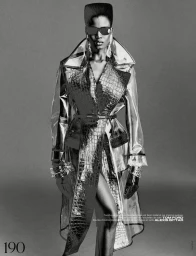 Model Ajah Angau Jok wearing a transparent trench coat and sunglasses for French Magazine, photographed by Mikael Schulz.