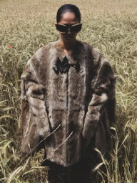 Model wearing dark sunglasses and a textured brown coat standing in a tall wheat field.
