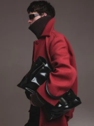 Model in dark sunglasses wearing a red coat and turtleneck holding black handbags