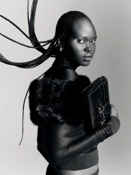 Model Nyibol Dok Jok with flying box braids holding a black handbag against a grey seamless studio background