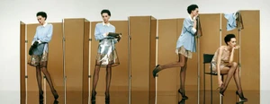 Panoramic multi-exposure fashion editorial featuring model Alex Consani posing in front of a folding screen for WSJ