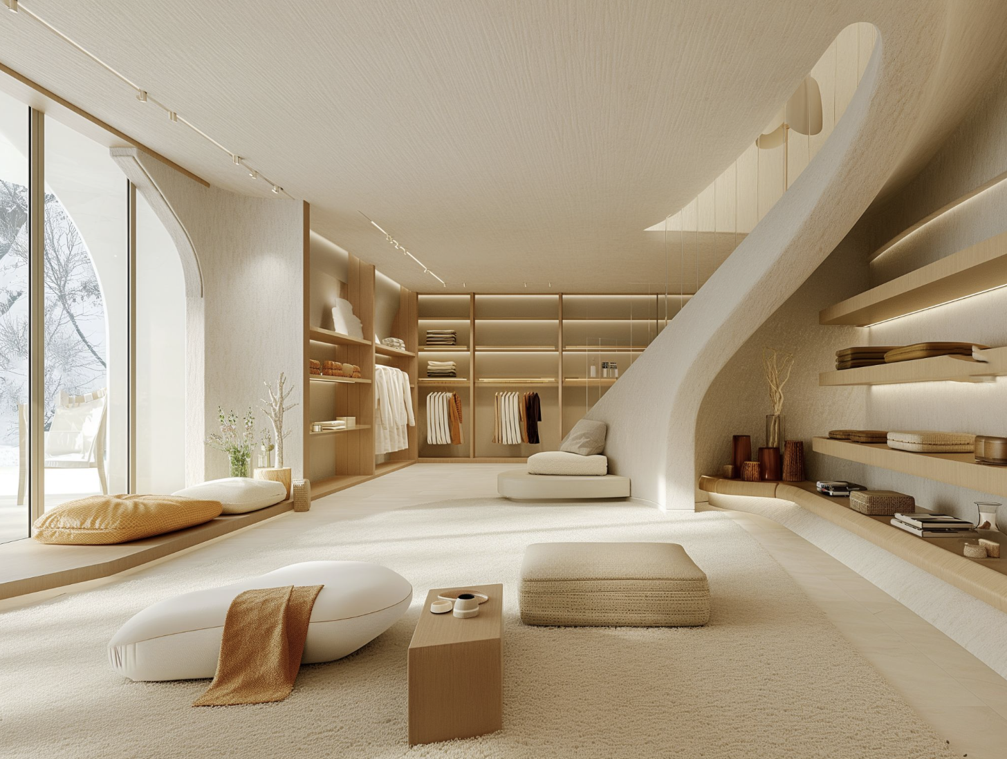 Contemporary home interior featuring a spacious dressing room with built-in wooden shelving and a plush carpet, illuminated by soft lighting.