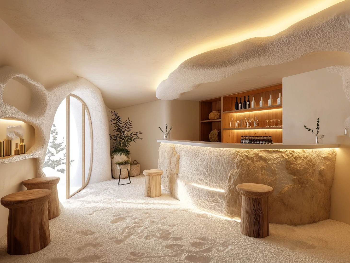 Interior view of an organic cave-style bar with sandy floors, wooden stools, and warm indirect lighting designed by Becky Smouha.