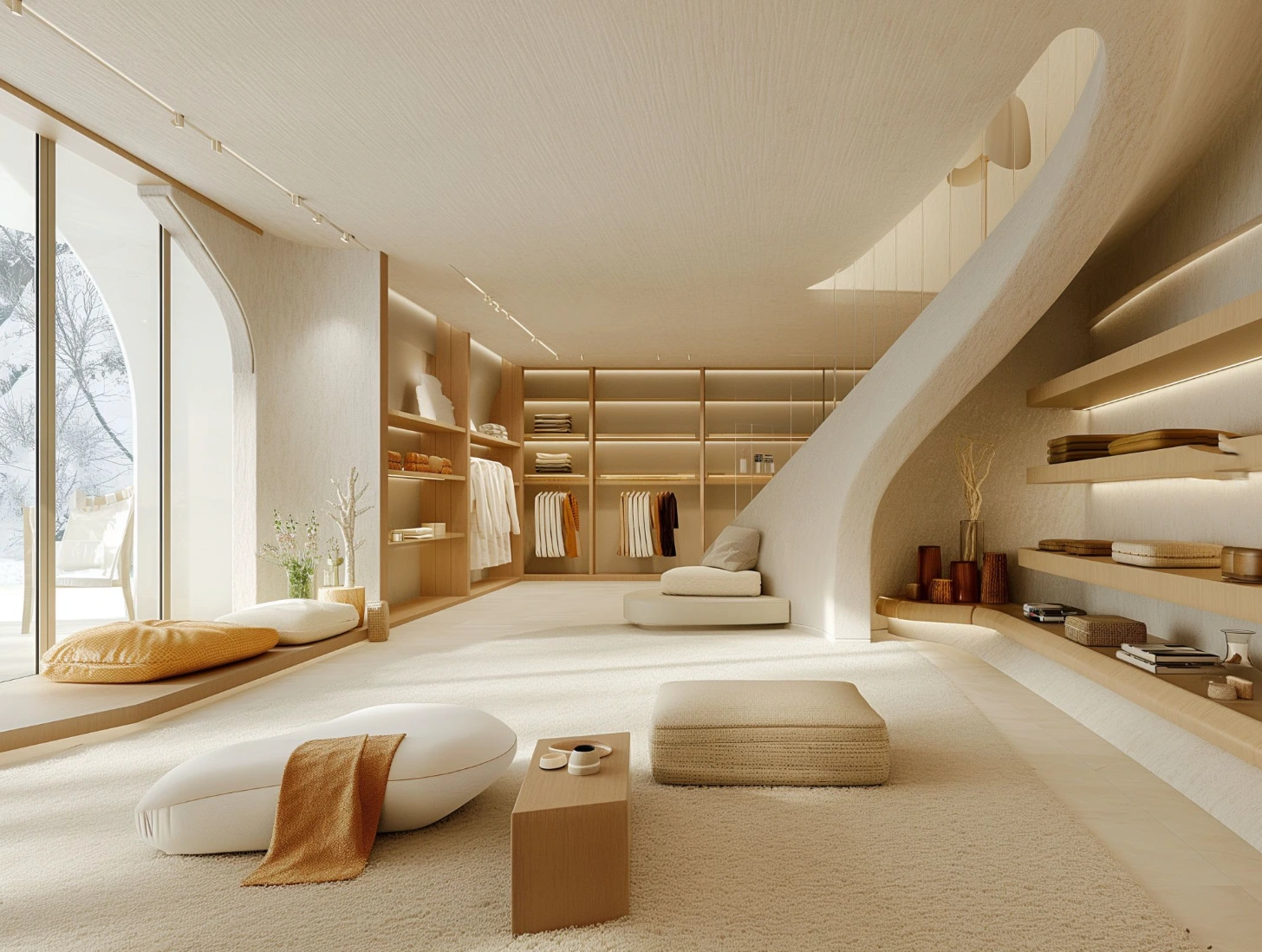 Luxurious minimalist walk-in closet with curved white architectural elements, wooden shelving, and soft warm lighting.