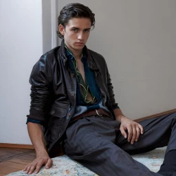 Young male model seated on the floor wearing a dark brown leather jacket, blue shirt, and dark trousers