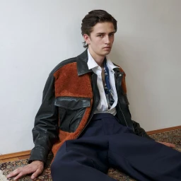 A young male model seated on a patterned rug against a plain wall, wearing a mixed leather and fleece jacket, white shirt, and dark trousers.