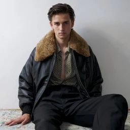 Model seated on the floor wearing a black leather jacket with a fur collar against a white wall.