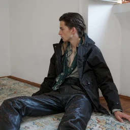 Model seated on a patterned rug wearing a dark coat and eyelet-detailed leather pants for U Repubblica by Luca Strano.