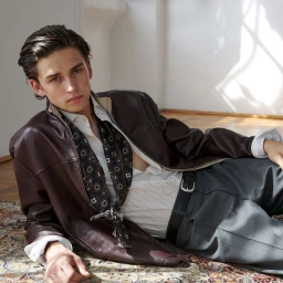 A young male model wearing a dark leather jacket and patterned scarf reclining on an ornate patterned rug.