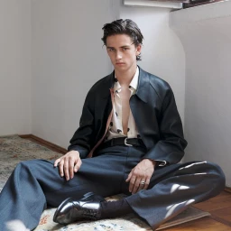 Young male model seated on the floor wearing a black leather jacket, polka dot shirt, and grey trousers.