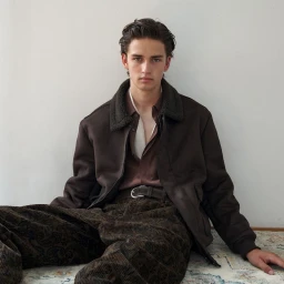Young male model seated against a white wall wearing a dark brown shearling jacket and patterned corduroy trousers for U Repubblica